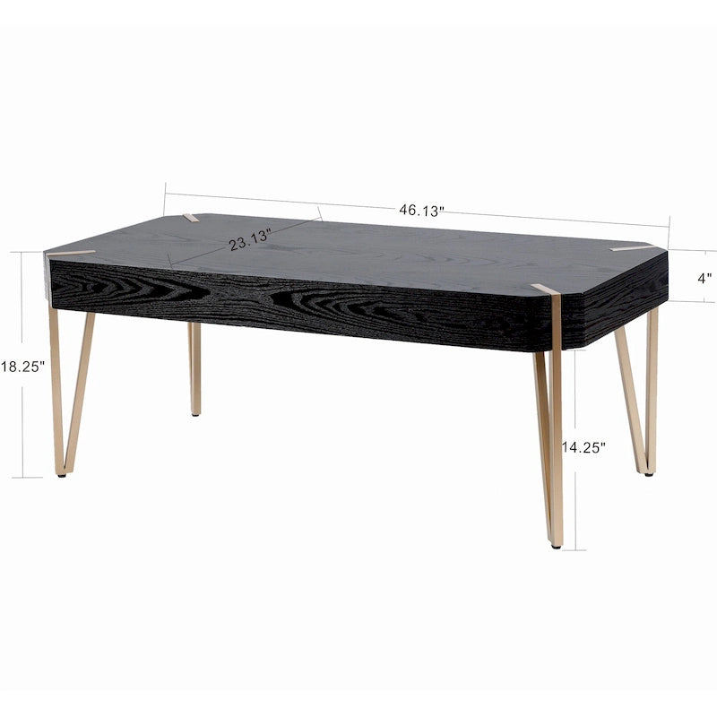 Table basse à plateau en bois – Noir et doré, pieds épingles, style moderne milieu de siècle
