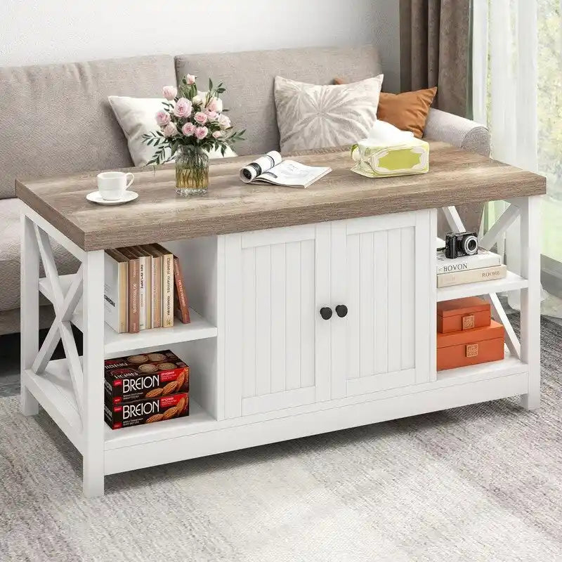 Table basse de style « ferme » à montants en X avec étagère de rangement – Noir / Blanc / Chêne / Gris, 2 niveaux
