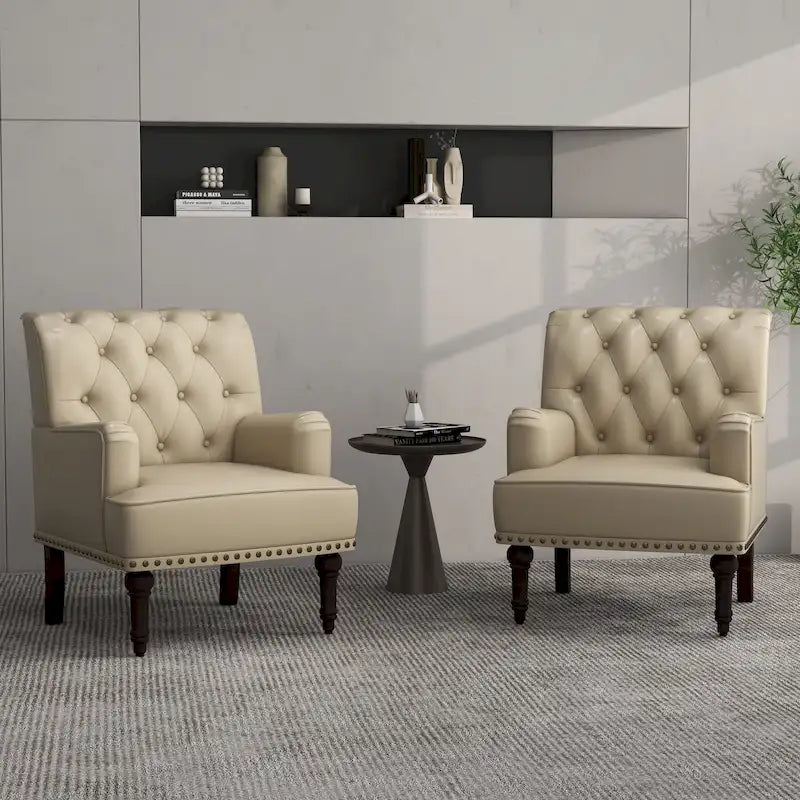Fauteuil d'appoint en similicuir capitonné avec clous décoratifs – Beige / Marron / Noir, un seul siège