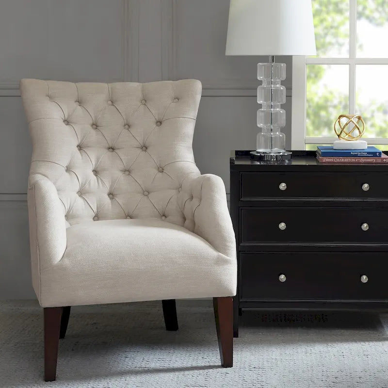 Fauteuil à oreilles, à dossier capitonné, à chevrons – Marron/Noir/Ivoire, une place