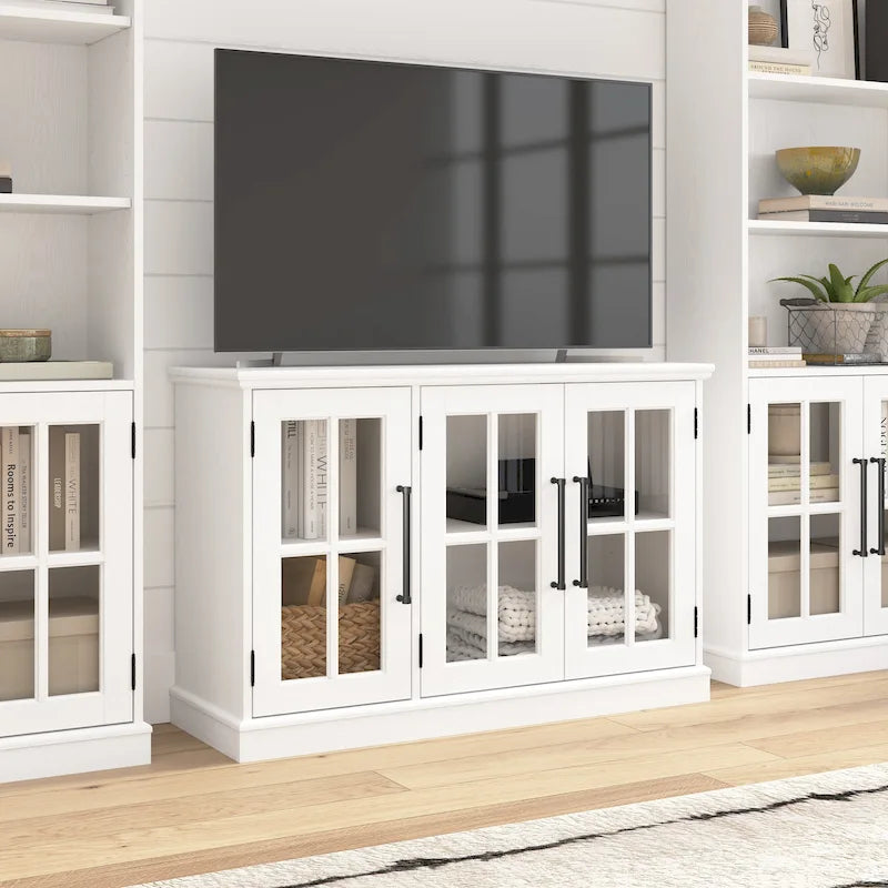 Meuble TV de ferme avec portes vitrées à petits carreaux – Noir vintage / Frêne blanc, convient aux téléviseurs jusqu'à 65 po