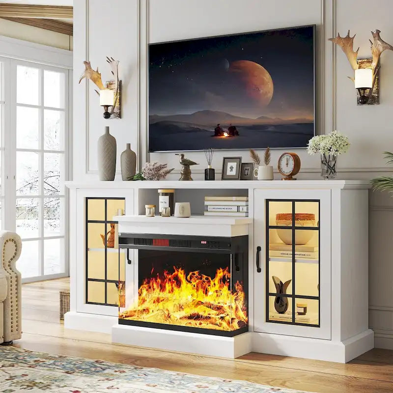 Meuble TV avec cheminée électrique à 3 faces en verre – Gris/Blanc, style rustique, compatible avec TV jusqu'à 70"