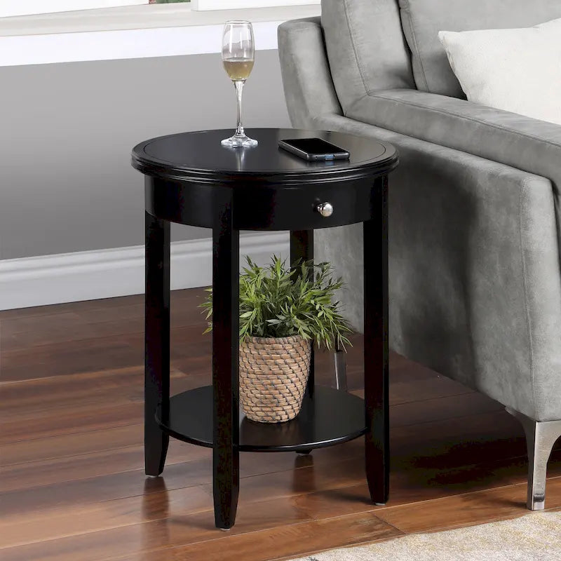 Table d'appoint ronde à 2 niveaux avec 1 tiroir – Espresso / Blanc / Noir, pieds coniques