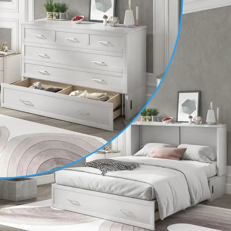 Lit escamotable Queen avec tiroir et station de charge – Gris foncé / Cerisier / Blanc, matelas en mousse inclus