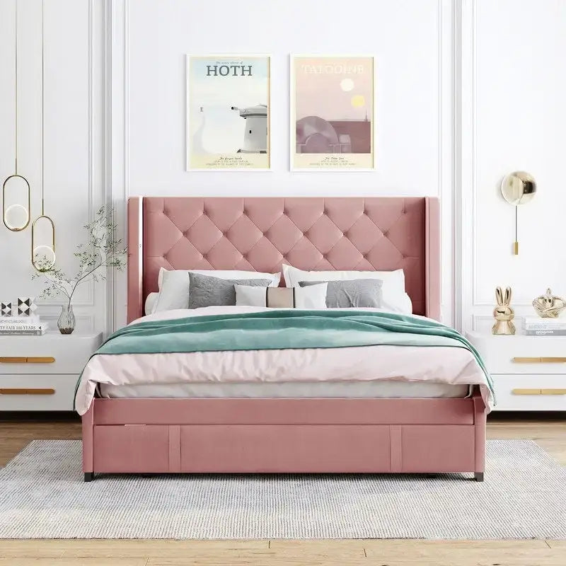 Lit plateforme Queen tapissé de velours avec tiroir de rangement – Bleu / Beige / Gris / Rose