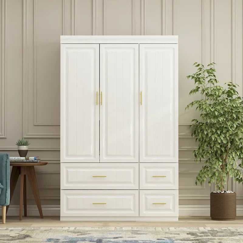 Armoire penderie avec 4 tiroirs et tringle – Blanc, 2 options de hauteur