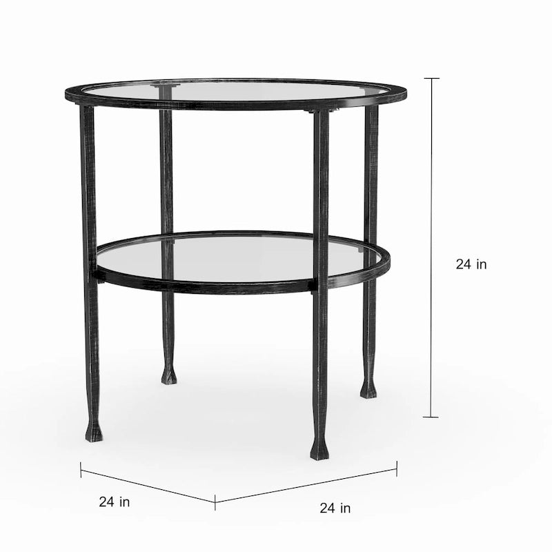 Table d'appoint ronde en fer avec plateau et étagère en verre trempé – Noir vieilli, 61 cm de diamètre