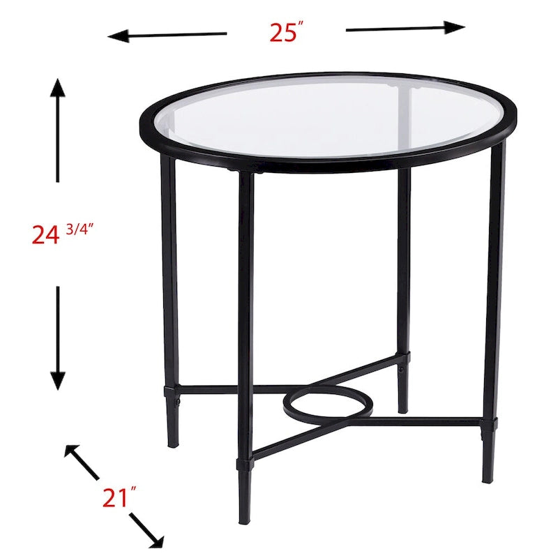 Table d'appoint ovale en verre trempé – Piètement en métal noir à volutes