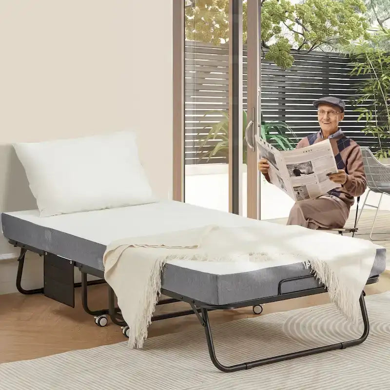 Lit pliant en acier avec matelas en mousse à mémoire de forme de 5 po – Lit jumeau/jumeau XL, simple, portable avec roulettes
