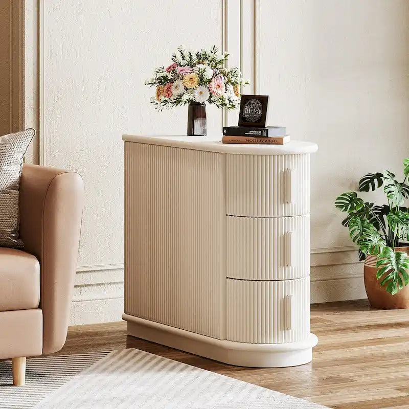 Table d'appoint semi-ovale à 3 tiroirs en bois massif – Noyer / Blanc, détail ligne romaine