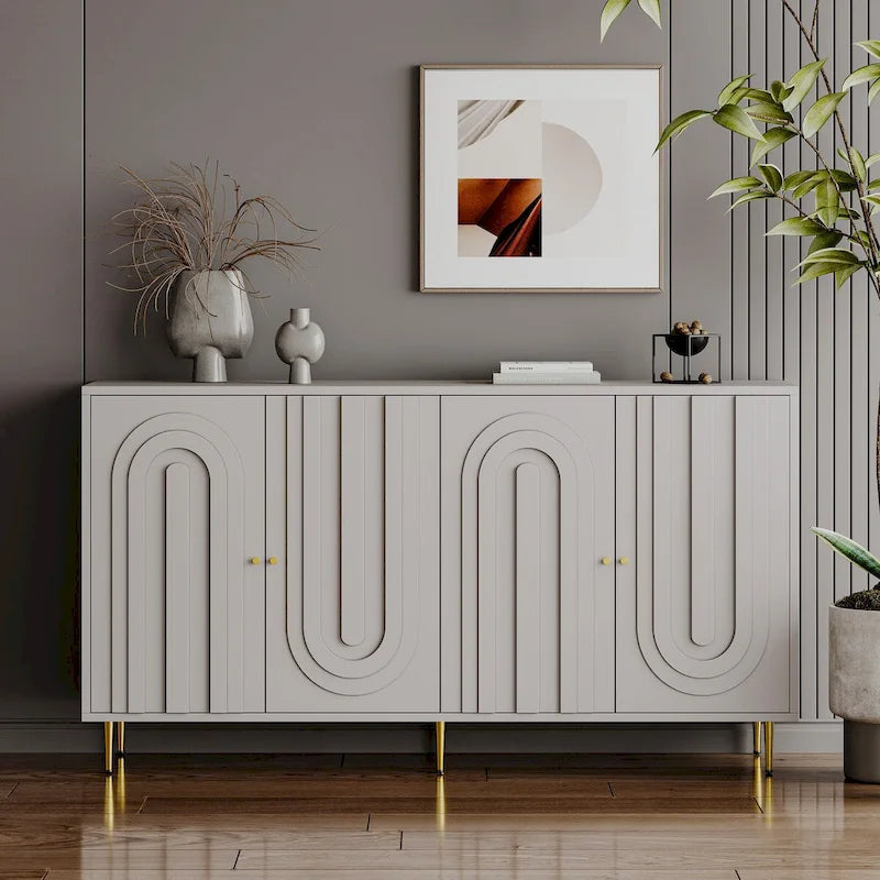 Buffet de rangement laqué 4 portes avec étagères réglables – Bleu / Gris, pieds et poignées dorés
