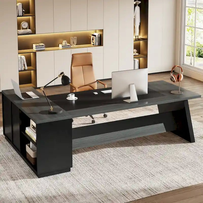 Bureau de direction en L avec tiroirs et classeur – Noyer+Noir / Gris+Noir, Monoposte
