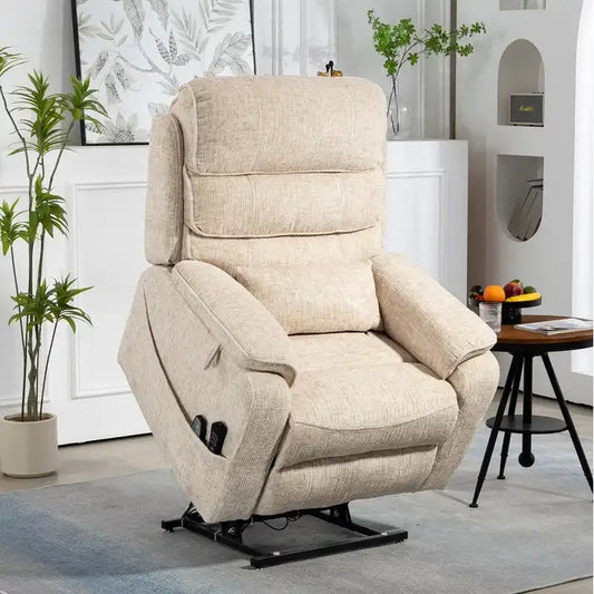 Fauteuil inclinable électrique bi-moteur avec massage et chauffage – Crème / Gris / Beige / Marron, Monoplace