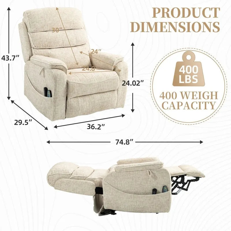 Fauteuil inclinable électrique bi-moteur avec massage et chauffage – Crème / Gris / Beige / Marron, Monoplace