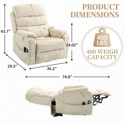 Fauteuil inclinable électrique bi-moteur avec massage et chauffage – Crème / Gris / Beige / Marron, Monoplace