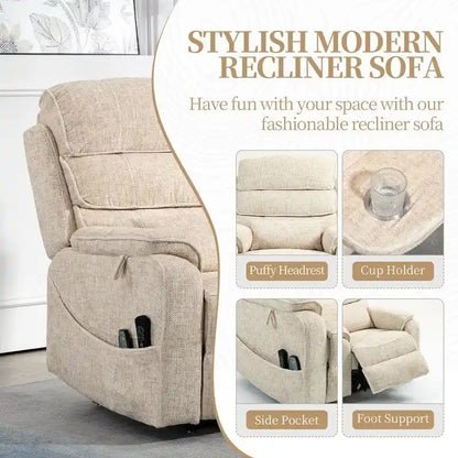 Fauteuil inclinable électrique bi-moteur avec massage et chauffage – Crème / Gris / Beige / Marron, Monoplace