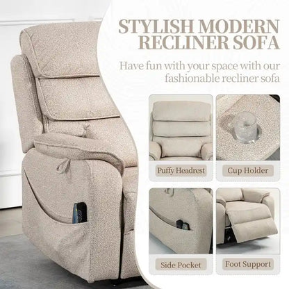 Fauteuil inclinable électrique bi-moteur avec massage et chauffage – Crème / Gris / Beige / Marron, Monoplace
