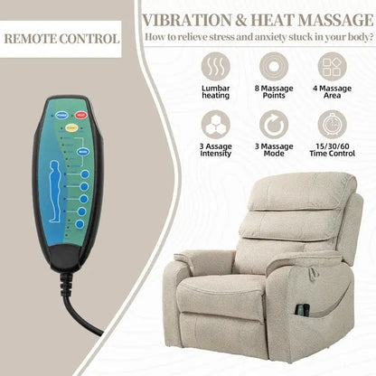 Fauteuil inclinable électrique bi-moteur avec massage et chauffage – Crème / Gris / Beige / Marron, Monoplace