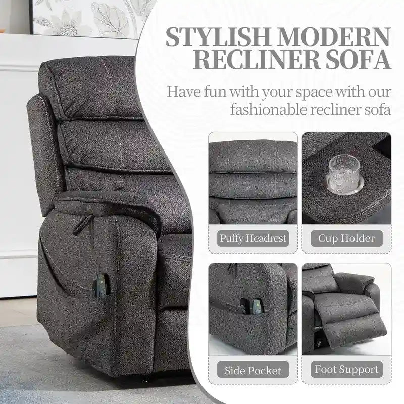 Fauteuil inclinable électrique bi-moteur avec massage et chauffage – Crème / Gris / Beige / Marron, Monoplace