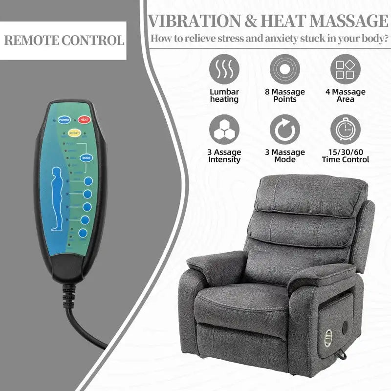 Fauteuil inclinable électrique bi-moteur avec massage et chauffage – Crème / Gris / Beige / Marron, Monoplace