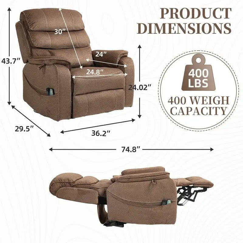Fauteuil inclinable électrique bi-moteur avec massage et chauffage – Crème / Gris / Beige / Marron, Monoplace