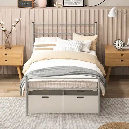 Lit plate-forme en métal double avec tête et pied de lit – Noir/Argent, simple