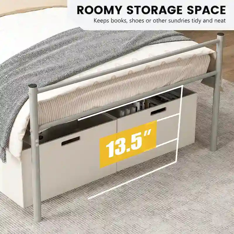 Lit plate-forme en métal double avec tête et pied de lit – Noir/Argent, simple