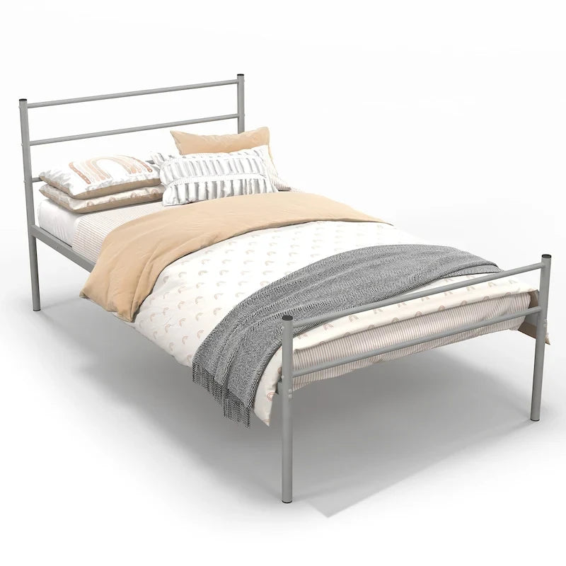 Lit plate-forme en métal double avec tête et pied de lit – Noir/Argent, simple