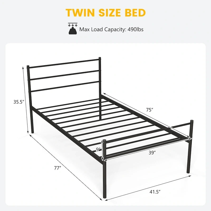 Lit plate-forme en métal double avec tête et pied de lit – Noir/Argent, simple