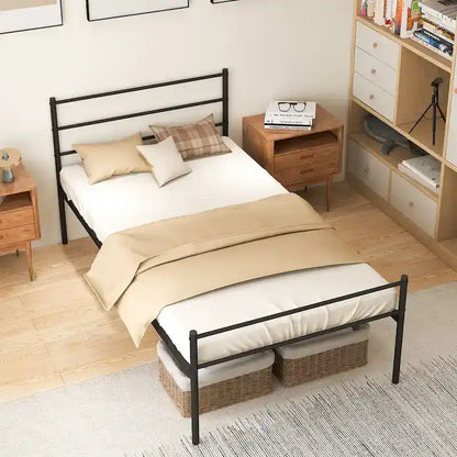 Lit plate-forme en métal double avec tête et pied de lit – Noir/Argent, simple
