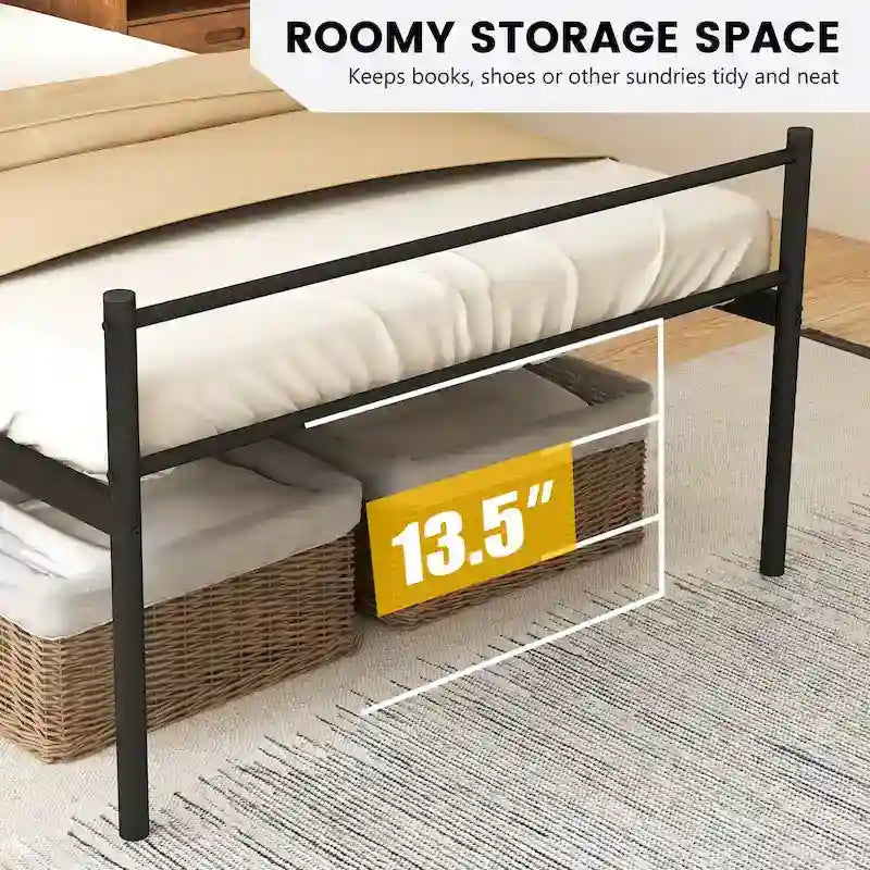 Lit plate-forme en métal double avec tête et pied de lit – Noir/Argent, simple