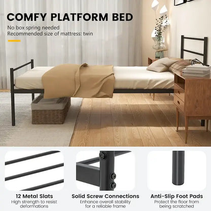 Lit plate-forme en métal double avec tête et pied de lit – Noir/Argent, simple