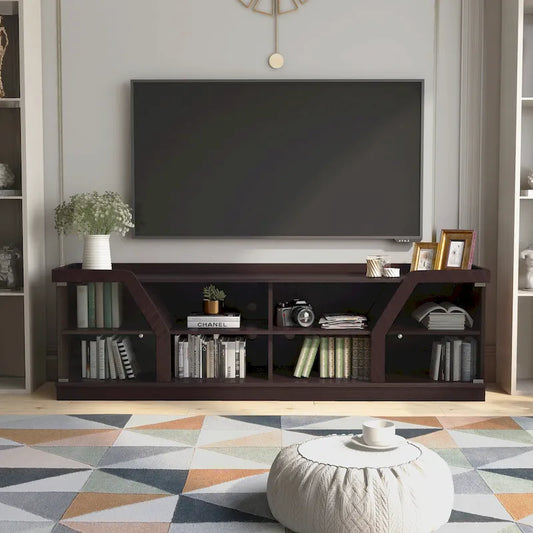 Meuble télé contemporain avec portes en verre trempé – Espresso, convient aux téléviseurs jusqu'à 68 po