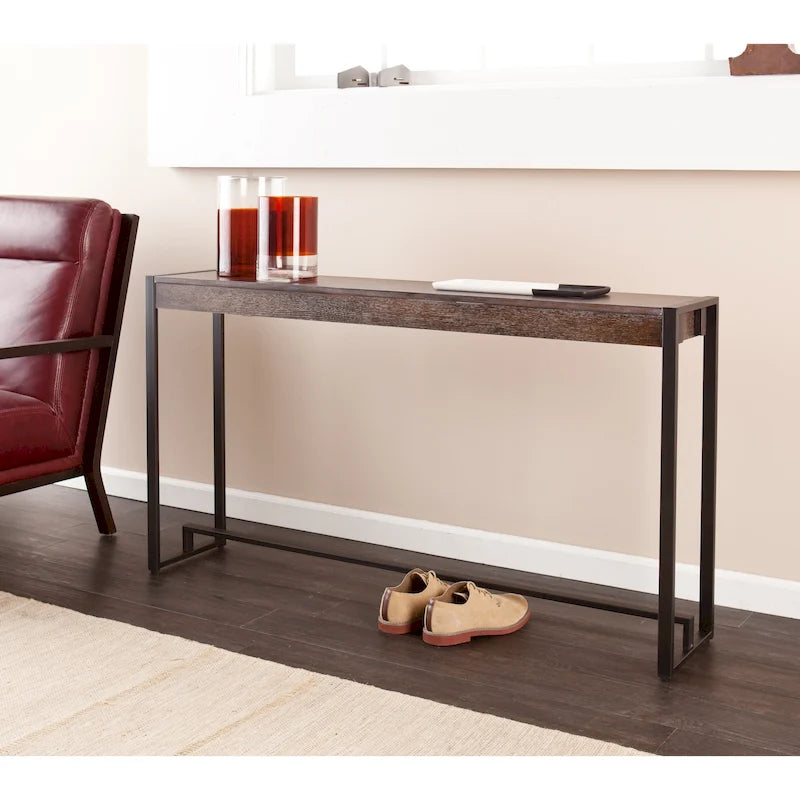 Console étroite de style industriel – Chêne brûlé / Gris / Noir / Tabac, pieds en métal