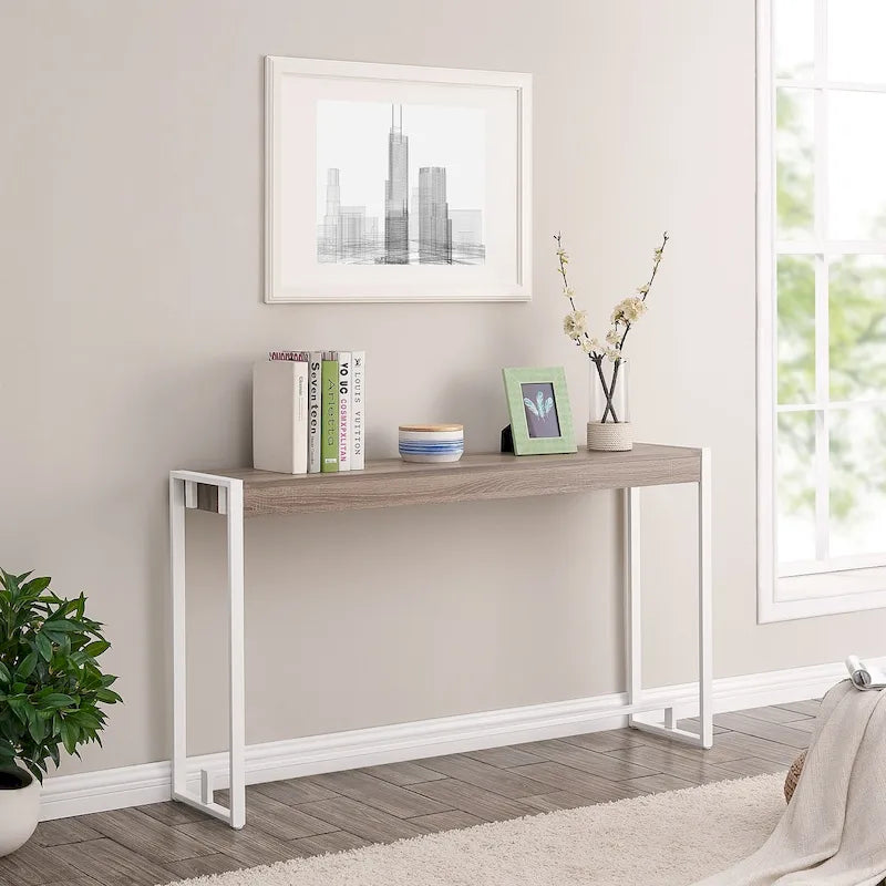 Console étroite de style industriel – Chêne brûlé / Gris / Noir / Tabac, pieds en métal