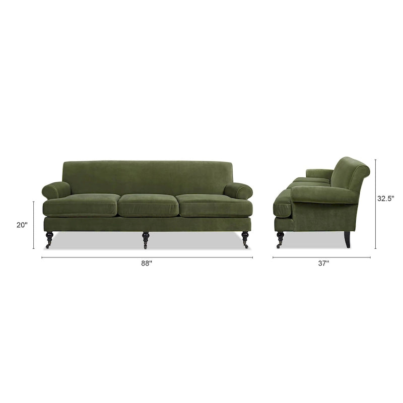 Canapé 3 places 88 po – Gris argenté / Bleu marine / Vert olive / Beige, accoudoirs arrondis