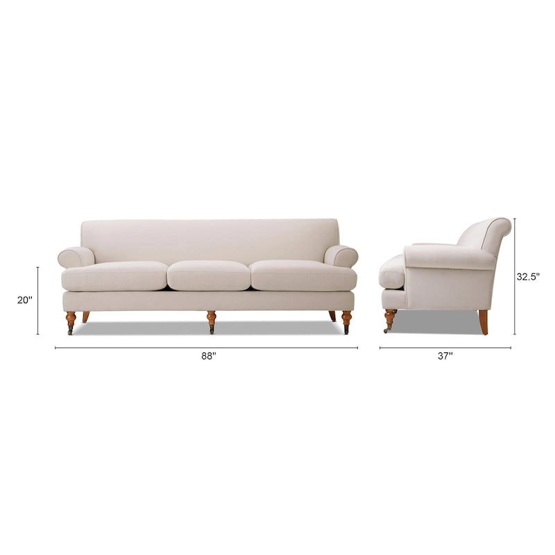 Canapé 3 places 88 po – Gris argenté / Bleu marine / Vert olive / Beige, accoudoirs arrondis
