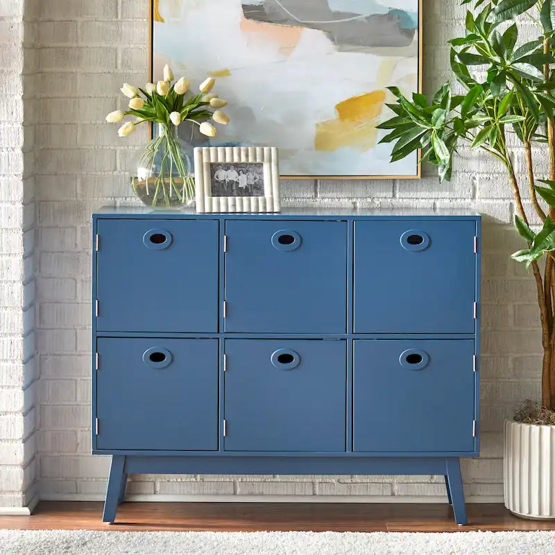 Meuble de rangement 6 portes mi-siècle moderne – Vert menthe / Blanc / Rose / Gris / Bleu, pieds fuselés