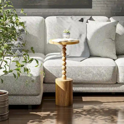 Table d'appoint ronde en bois sur pied – Naturel/Noir, base tambour avec pieds fuseau