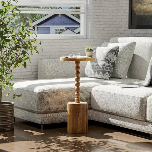 Table d'appoint ronde en bois sur pied – Naturel/Noir, base tambour avec pieds fuseau