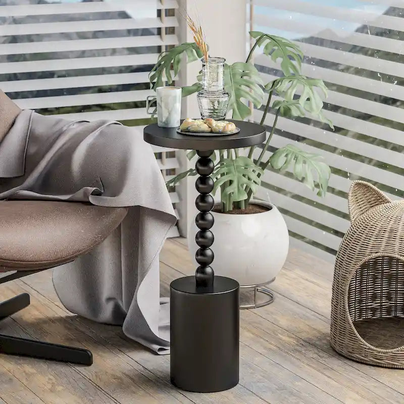 Table d'appoint ronde en bois sur pied – Naturel/Noir, base tambour avec pieds fuseau