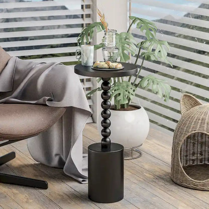 Table d'appoint ronde en bois sur pied – Naturel/Noir, base tambour avec pieds fuseau
