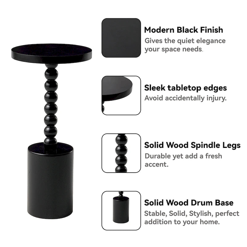 Table d'appoint ronde en bois sur pied – Naturel/Noir, base tambour avec pieds fuseau