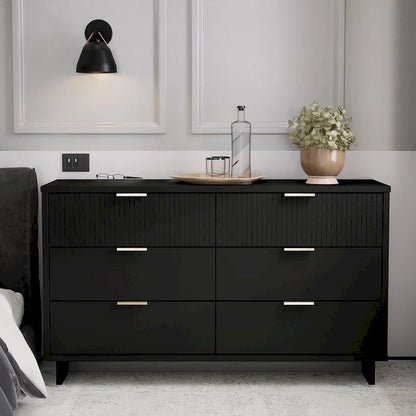 Commode large à 6 tiroirs au design moderne – Vert sauge / Gris / Noir / Blanc / Bleu nuit, Façade côtelée