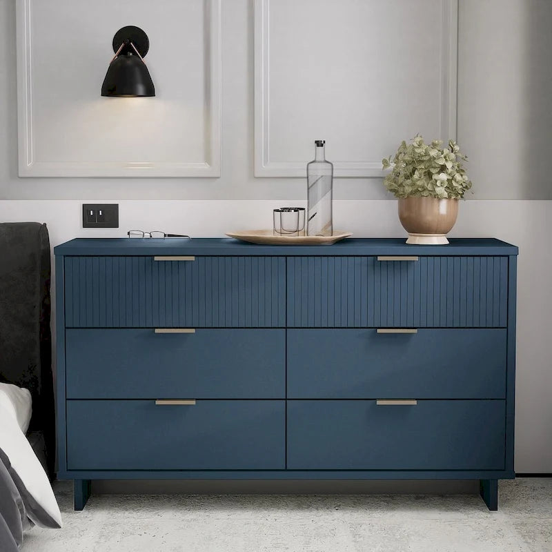Commode large à 6 tiroirs au design moderne – Vert sauge / Gris / Noir / Blanc / Bleu nuit, Façade côtelée