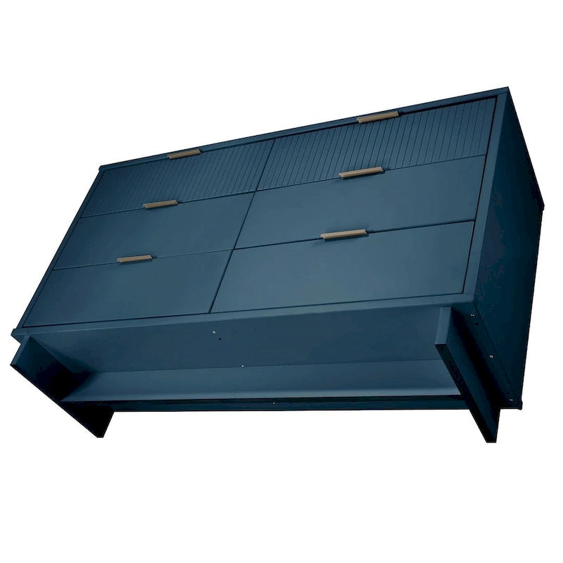 Commode large à 6 tiroirs au design moderne – Vert sauge / Gris / Noir / Blanc / Bleu nuit, Façade côtelée