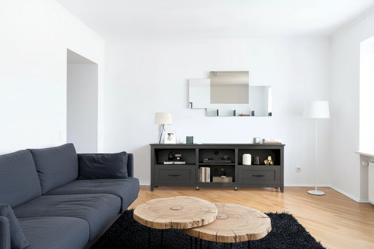 Meuble TV industriel avec 2 tiroirs et 4 compartiments ouverts – Noir, Pour TV jusqu'à 80"
