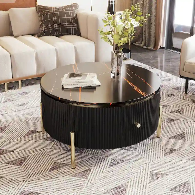 Table basse ronde à motif marbre avec 2 tiroirs – Blanc & Or / Noir & Or