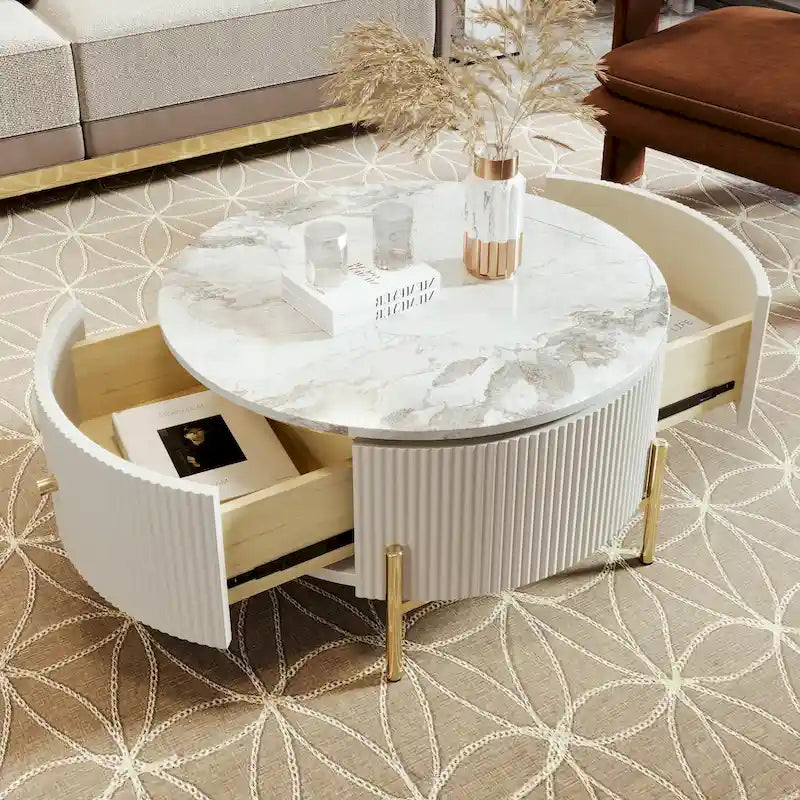 Table basse ronde à motif marbre avec 2 tiroirs – Blanc & Or / Noir & Or
