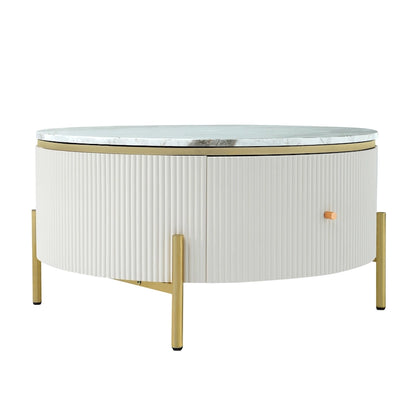 Table basse ronde à motif marbre avec 2 tiroirs – Blanc & Or / Noir & Or